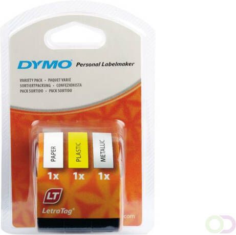 Dymo LetraTAG tape 12 mm set 3 tape: 1 x papier wit 1 x plastic geel en 1 x metallic zilver