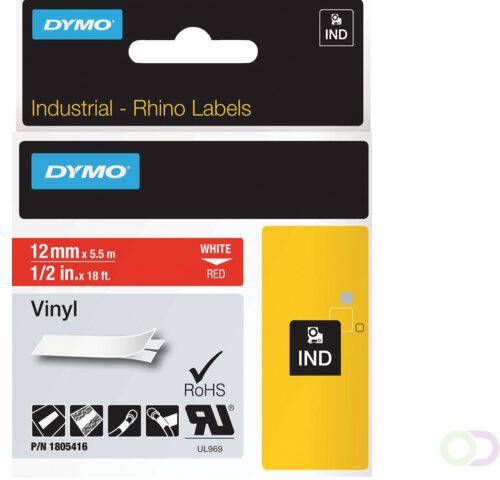 Dymo Labeltape Rhino 18054 vinyl 12mmx5.5m rood op wit