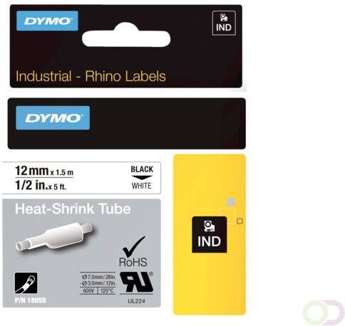 Dymo Labeltape Rhino industrieel krimpkous 12mm zwart op wit