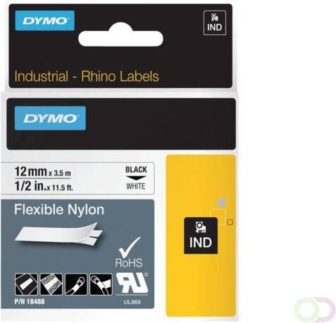 Dymo Labeltape Rhino 18488 nylon 12mmx3.5m zwart op wit