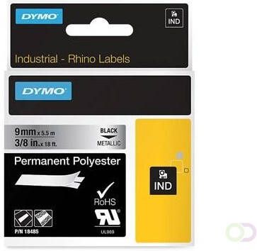 Dymo RHINO permanent polyester tape 9 mm zwart op metaal