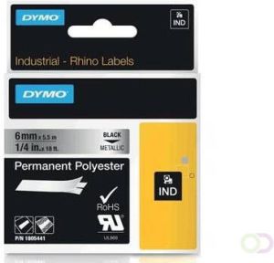 Dymo RHINO permanente polyester tape 6 mm zwart op metaal