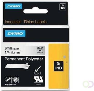 Dymo RHINO permanente polyester tape 6 mm zwart op transparant