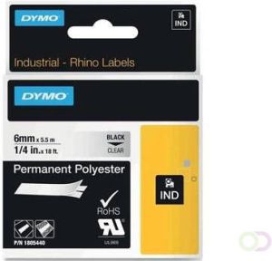 Dymo RHINO permanente polyester tape 6 mm zwart op transparant