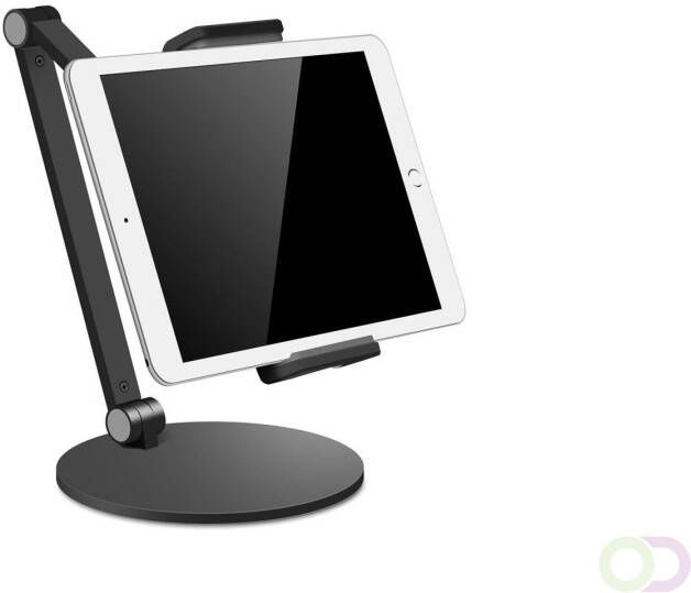 Ergoline *Zwarte tablet telefoonstandaard met ronde voet *Gemaakt van hoogwaardig aluminium *Geschikt voor alle mobiele telefoons en tabl