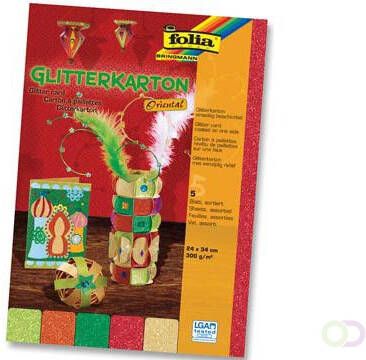 Folia Glitterkarton Oriental (geel oranje rood helgroen en donkergroen)