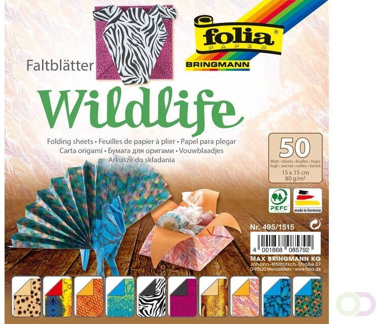 Folia Paper Vouwblaadjes Folia 80gr 15x15cm 50 vel 2-zijdig 10 wildlife designs