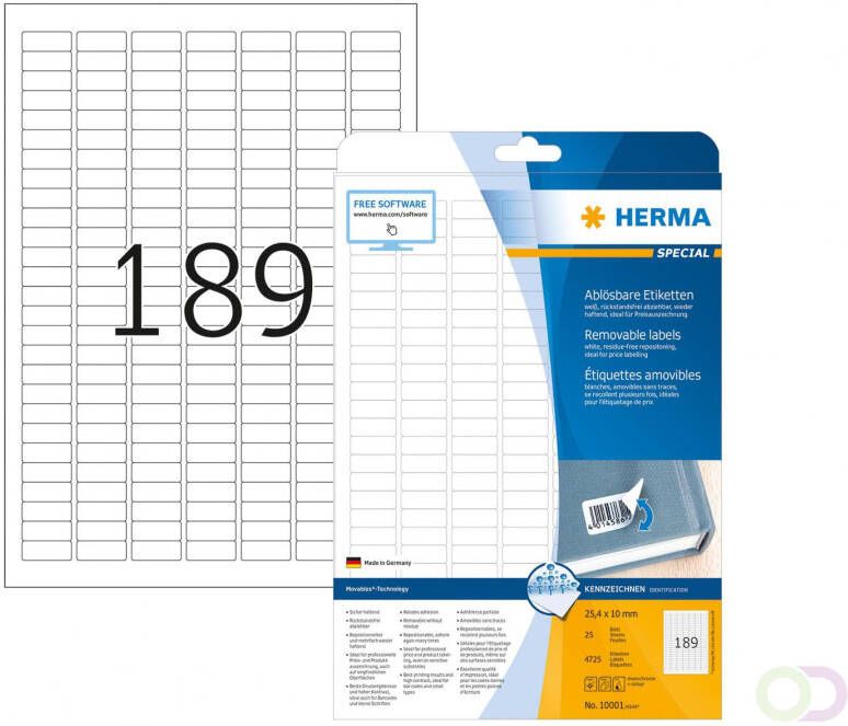 Herma 10001 Verwijderbare etiketten A4 25 4 x 10 mm wit MovablesÂ -Technology