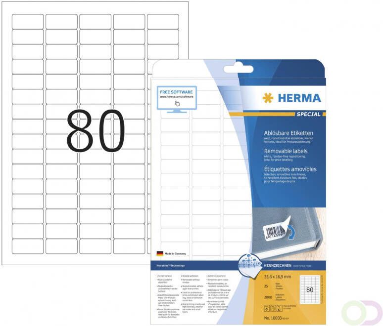 Herma 10003 Verwijderbare etiketten A4 35 6 x 16 9 mm wit wit MovablesÂ® Technology