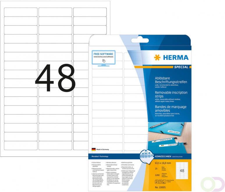 Herma 10005 Verwijderbare opschriftstroken A4 63 5 x 16 9 mm wit wit MovablesÂ® Technolog