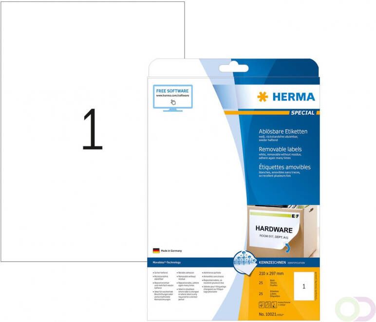 Herma 10021 Verwijderbare etiketten A4 210 x 297 mm wit MovablesÂ -Technology