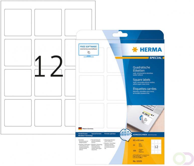 Herma 10109 Verwijderbare etiketten A4 60 x 60 mm wit vierkant wit MovablesÂ -Technology