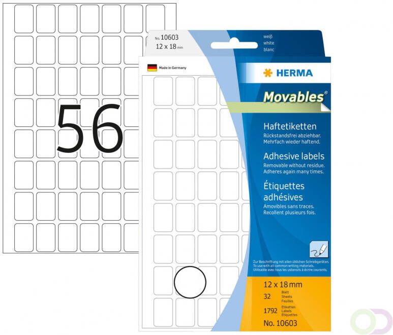 Herma 10603 Verwijderbare multipurpose-etiketten 12 x 18 mm wit om met de hand te beschrij
