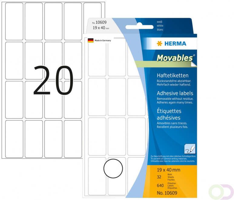 Herma 10609 Verwijderbare multipurpose etiketten 19 x 40 mm wit om met de hand te beschrij