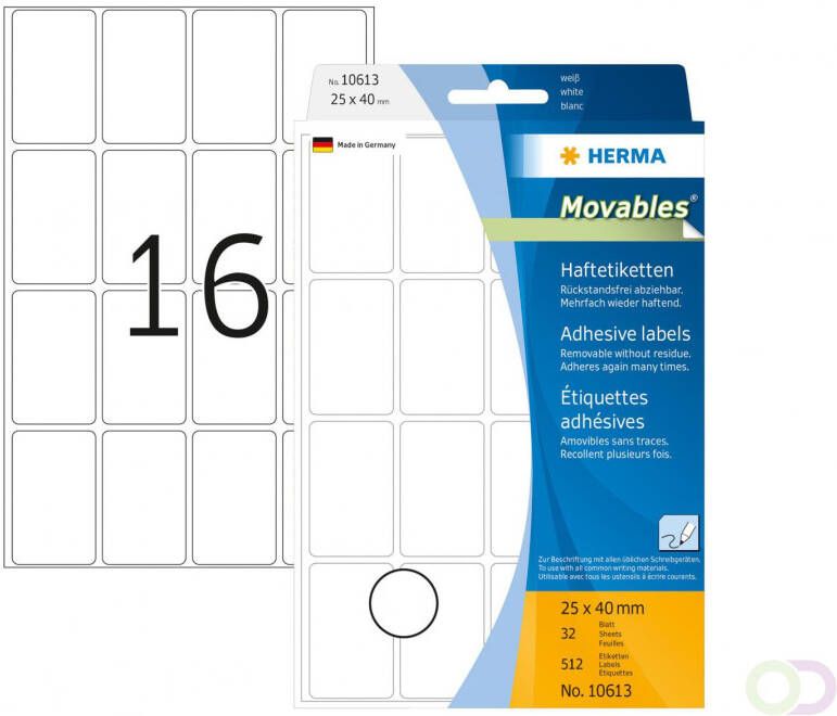 Herma 10613 Verwijderbare multipurpose-etiketten 25 x 40 mm wit om met de hand te beschrij