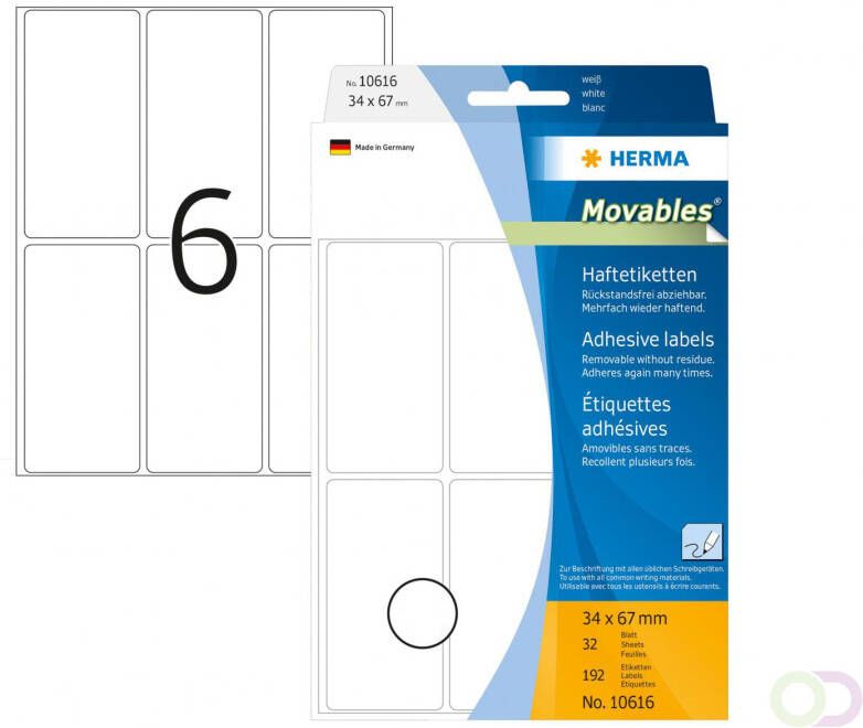 Herma 10616 Verwijderbare multipurpose etiketten 34 x 67 mm wit om met de hand te beschrij