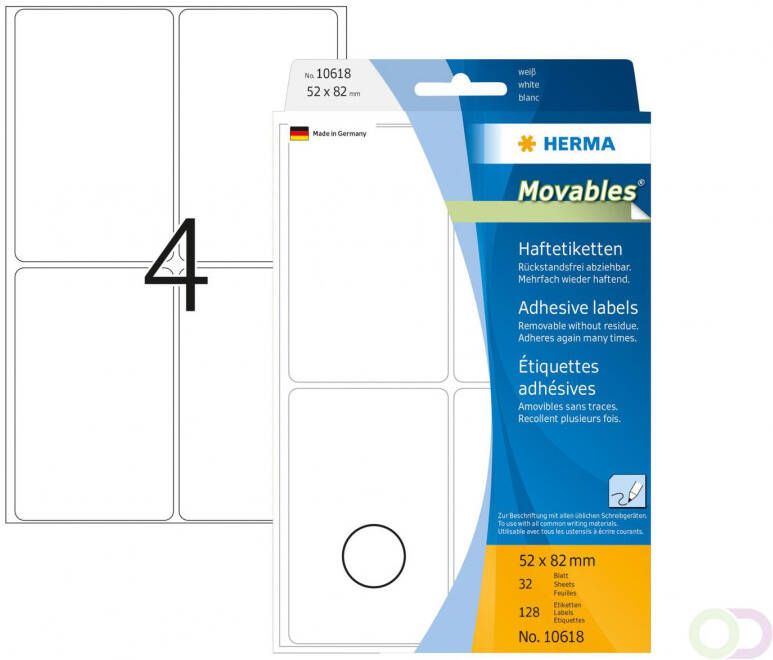 Herma 10618 Verwijderbare multipurpose etiketten 52 x 82 mm wit om met de hand te beschrij