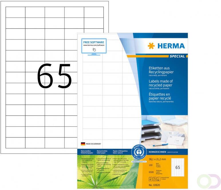 Herma 10820 Etiketten van gerecycled papier A4 38 1 x 21 2 mm wit permanent hechtend