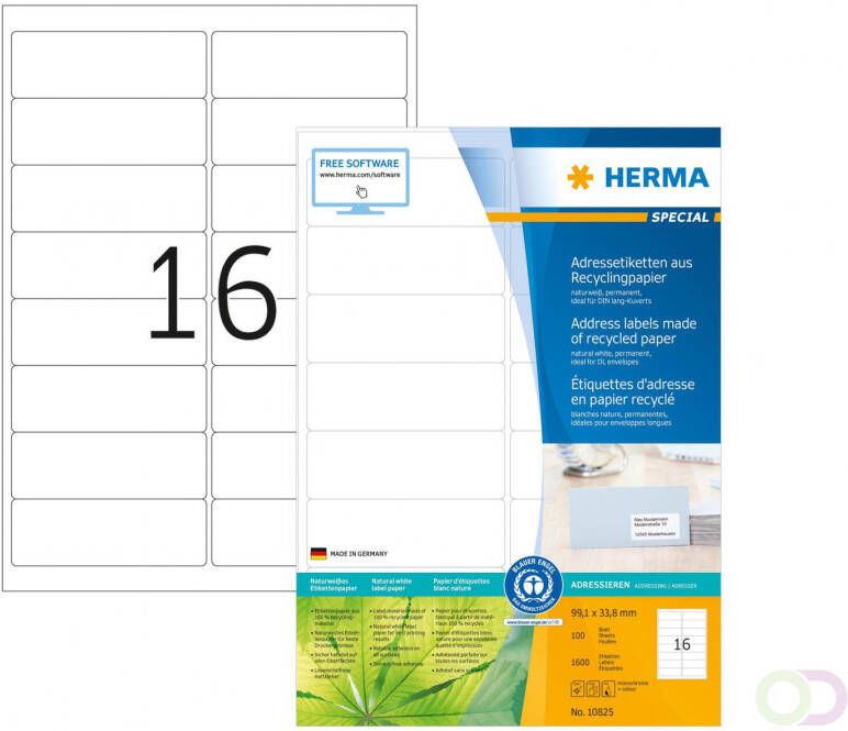 Herma 10825 Adresetiketten van gerecycled papier A4 99 1 x 33 8 mm wit permanent hechten