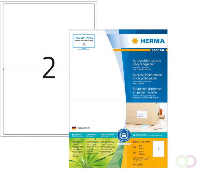 Herma 10830 Adresetiketten van gerecycled papier A4 199 6 x 143 5 mm wit permanent hecht