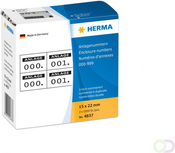 Herma Bijlagenummers zelfklevend 2-fach 15x22 mm opdruk zwart 0-999