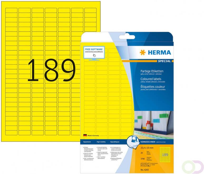 Herma Gekleurde etiketten A4 25 4 x 10 mm geel verwijderbaar