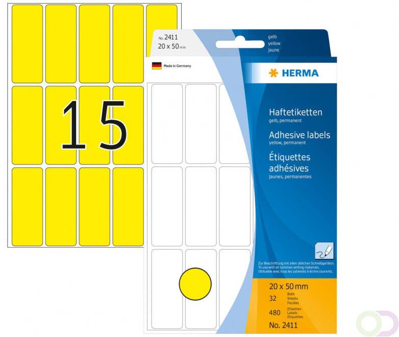 Herma Multipurpose etiketten 20 x 50 mm geel permanent hechtend om met de hand te