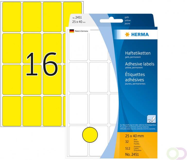 Herma Multipurpose-etiketten 25 x 40 mm geel permanent hechtend om met de hand te