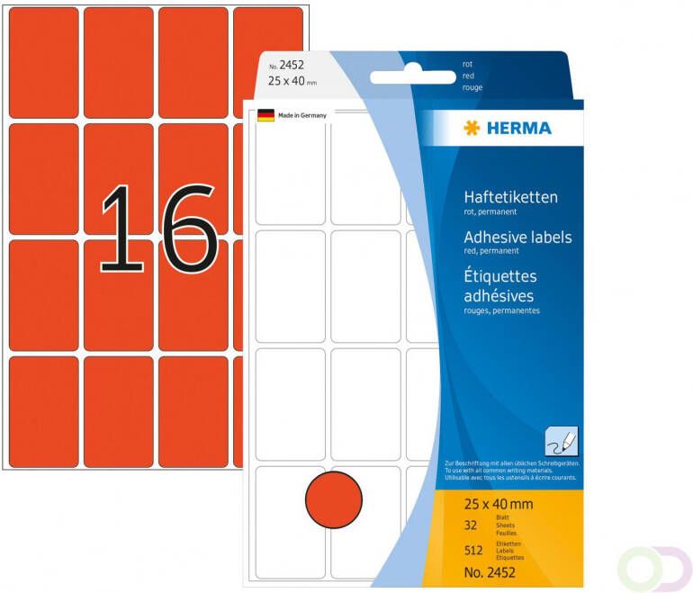 Herma Multipurpose etiketten 25 x 40 mm rood permanent hechtend om met de hand te