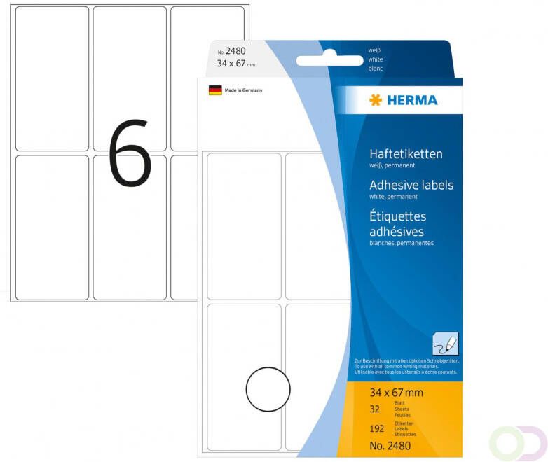Herma Multipurpose-etiketten 34 x 67 mm wit permanent hechtend om met de hand te b