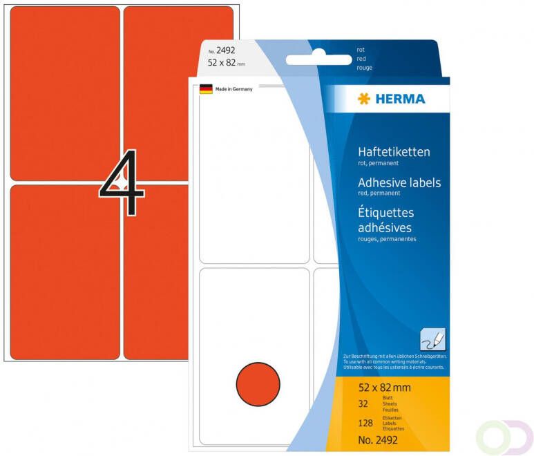 Herma Multipurpose etiketten 52 x 82 mm rood permanent hechtend om met de hand te
