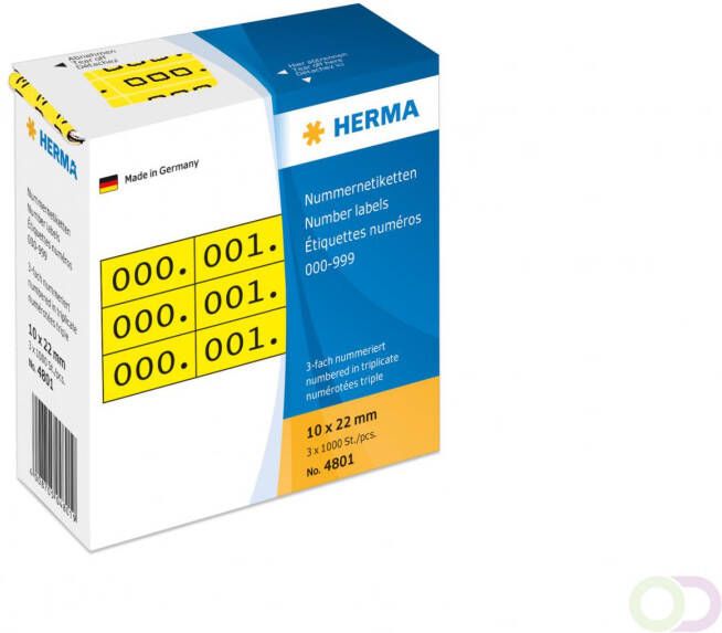 Herma Nummer etiketten drievoudig zelfklevend 10x22 mm geel zwart