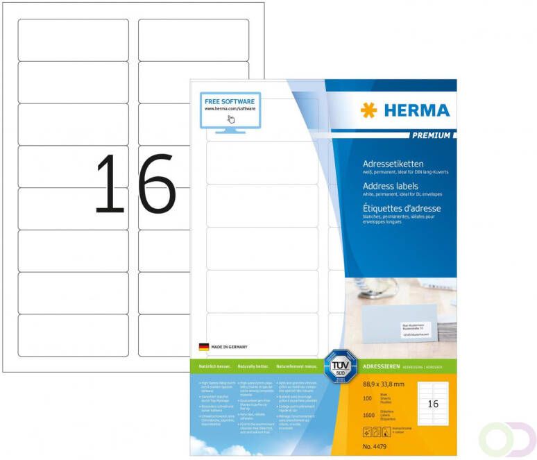 Herma PREMIUM adresetiketten A4 88 9 x 33 8 mm wit permanent hechtend