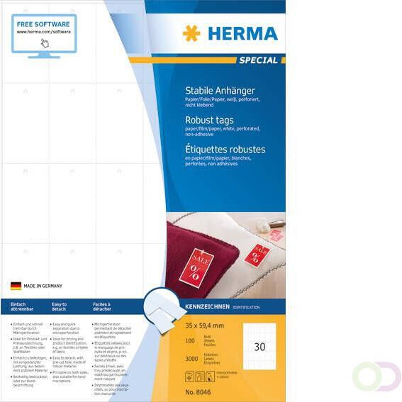 Herma Stevige labelhangers A4 35x59 4 mm wit papier folie papier geperforeerd niet hechtend 3000 st.