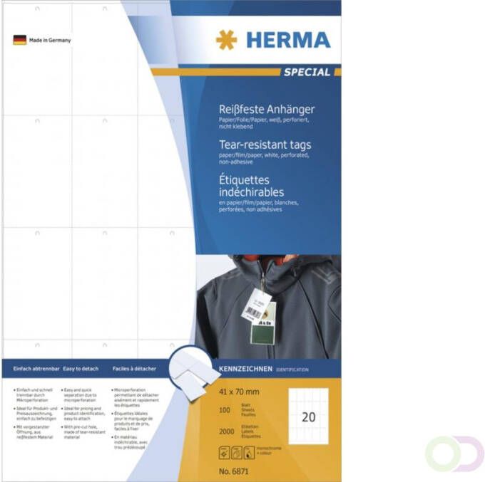 Herma Stevige labelhangers A4 42x70 mm wit papier folie papier geperforeerd niet hechtend 2000 st.
