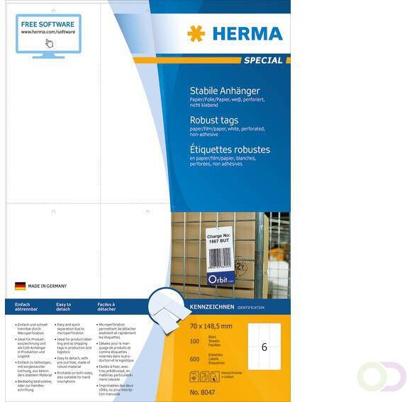 Herma Stevige labelhangers A4 70x148 5 mm wit papier folie papier geperforeerd niet hechtend 600 st.