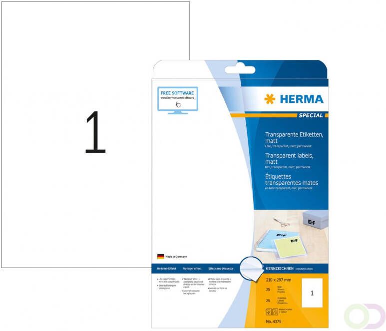 Herma Transparante folie etiketten mat A4 210 x 297 mm weervast permanent hechtend