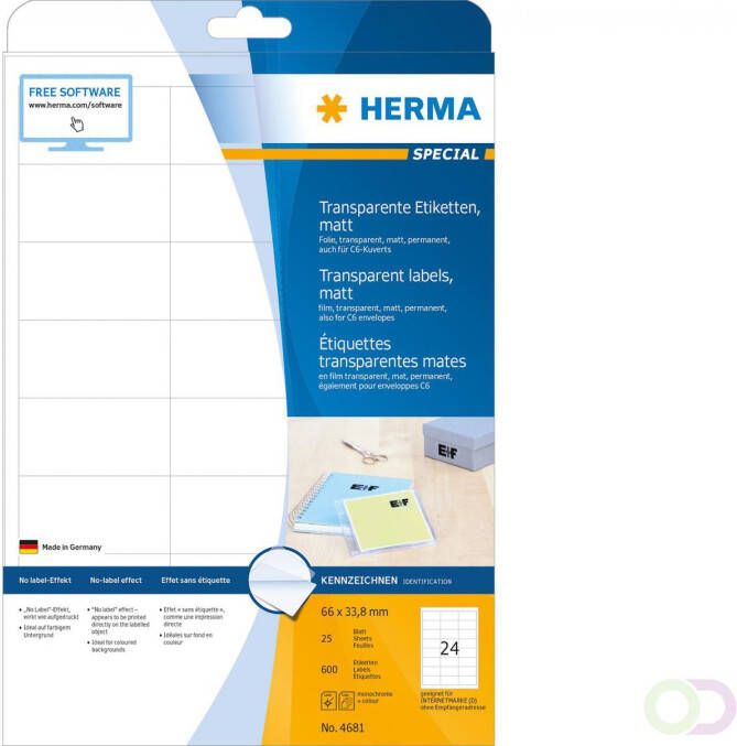 Herma Transparante folie etiketten mat A4 66 x 33 8 mm weervast permanent hechtend