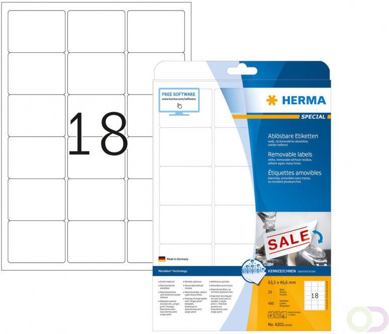 Herma Verwijderbare etiketten A4 63 5 x 46 6 mm wit wit MovablesÂ® Technology