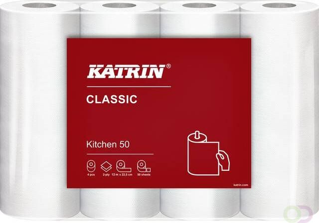 KATRIN Plus keukenpapier 2-laags 50 vel per rol pak van 4 rollen