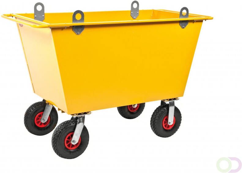 Kongamek Afvaltrolley 200 L geel pneumatische wielen met hijsbeugels