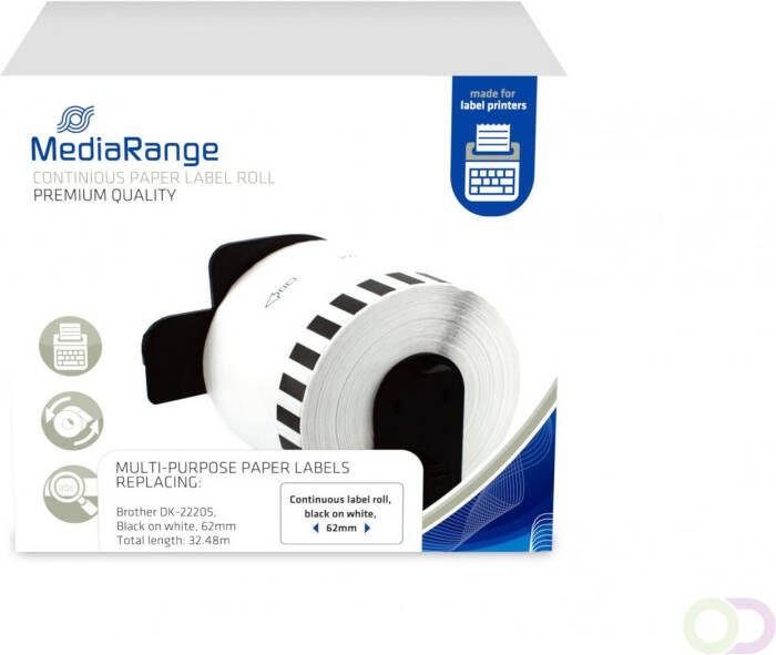 MediaRange Continuous paper label for label printers using Brother DK-22205 62mm 30.48m black on white
