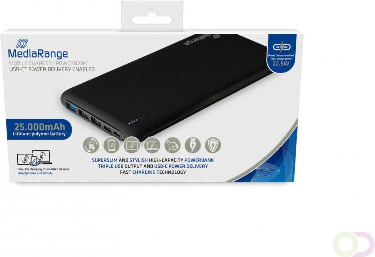 MediaRange Mobile charger I Powerbank 25.000mAh 3x USB-A and 1x USB-CÂ supports USB-CÂ Power Delivery and Quick Chargeâ¢ black
