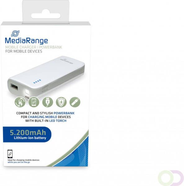 MediaRange Mobile charger I Powerbank 5.200mAh with LED torch 1x USB-A white grey