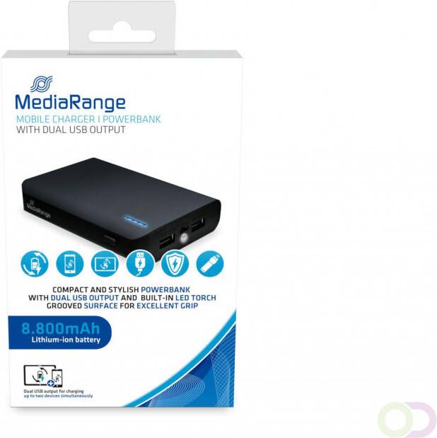 MediaRange Mobile charger I Powerbank 8.800mAh with LED torch 2x USB-A black
