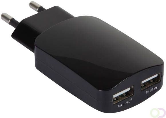 COMPACTE LADER MET 2 USB-AANSLUITINGEN 5 V 3.0 A max. (2 A + 1 A) 15 W MAX.- ZWART