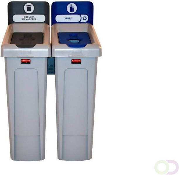 Slim Jim Recyclingstation 2 stroom FR deksel gesloten(grijs ) flessen(blauw ) Rubbermaid