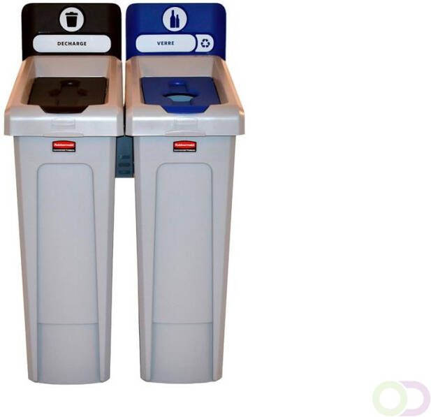 Slim Jim Recyclingstation 2-stroom FR deksel gesloten (zwart) flessen (blauw) Rubbermaid
