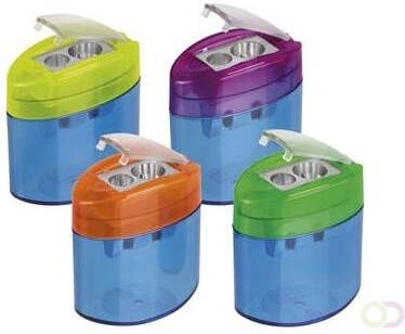 M+R potloodslijper Neo Light 2 gaats met reservoir doos met 10 stuks in geassorteerde kleuren