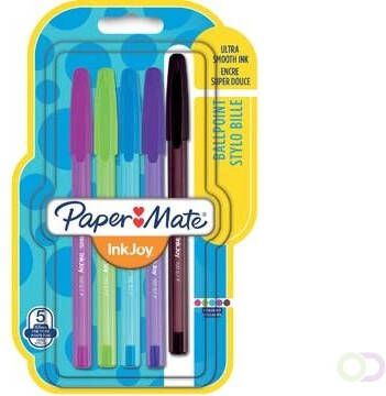Paper Mate balpen InkJoy 100 met dop blister met 5 stuks in geassorteerde fun kleuren